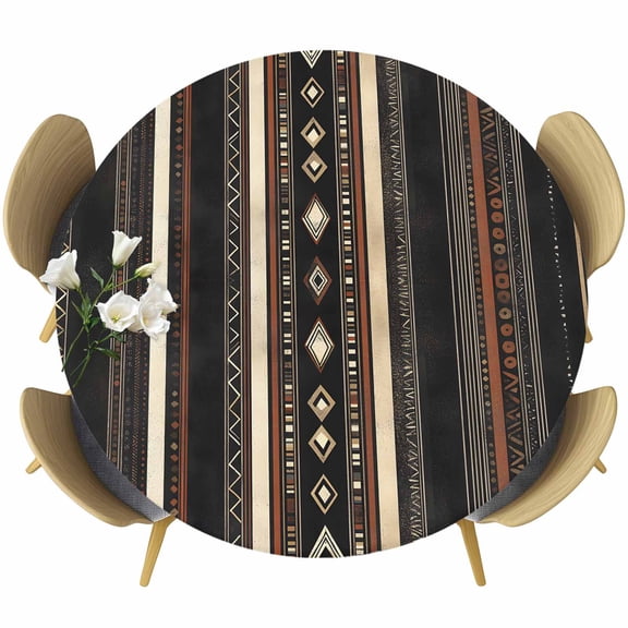 Black Beige Boho Round Tablecloth 55-60 Inch Round Fitted Table Cloth with Elastic Edge, Vintage Abstract Geometric Ethnic Waterproof Table Cover Protector for Outdoor Picnic Party Dining