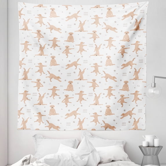 Yellow Lab Tapestry, Labrador Retriever Funny Doga Yoga Pattern Dog in Different Poses, Fabric Wall Hanging Decor for Bedroom Living Room Dorm, 5 Sizes, Warm Taupe and White, by Ambesonne
