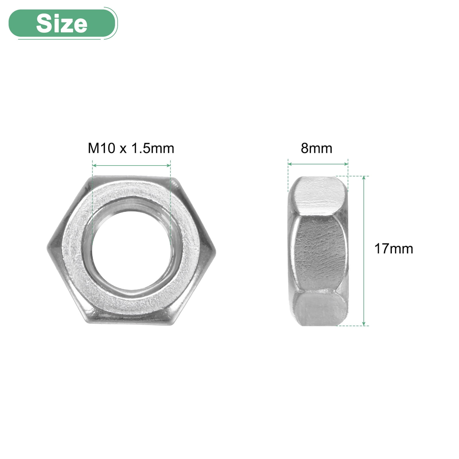 Uxcell 100 Pack Metric Hex Nuts M10 x 1.5mm Thread Stainless Steel Hexagon Nut for Machinery Automotive