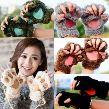 Pudcoco Winter Women Cute Cat Claw Paw Plush Mittens Short Fingerless Gloves Half Finger
