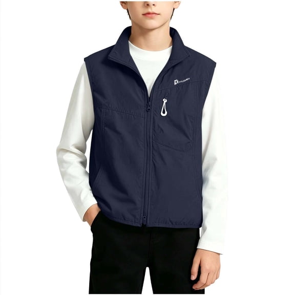 vdgthytj Boys Casual Vest Sleeveless Full Zip Lightweight Stand Collar Windbreaker Vest Outdoor Sports Outerwear(14-15 Years,Navy)