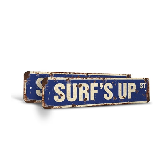 SURF'S UP Vintage Style Rustic Street Sign – (2 Pack) Surfer Surf Board Wax Surfboard Retro Decorative Wall Sign for Home, Bar, Garage, or Outdoor Use | 6" X 24" Plastic Road Sign