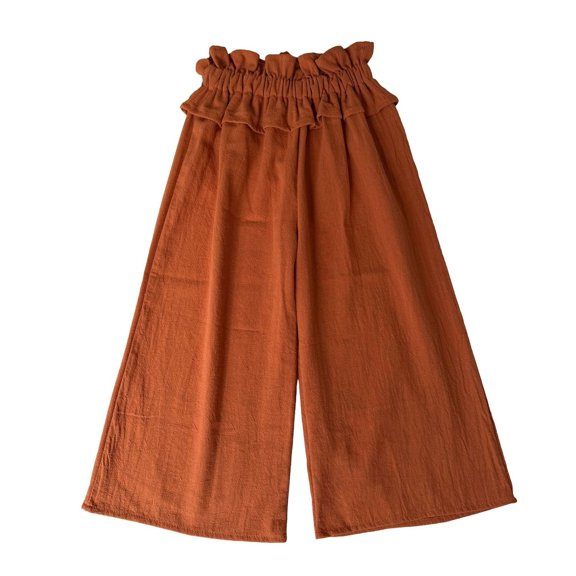Girls Wide Leg Cotton Pants Paperbag High Waist Ruffle Hem Palazzo Trousers Kid Summer Baggy Oversize Casual Flowy Beachwear