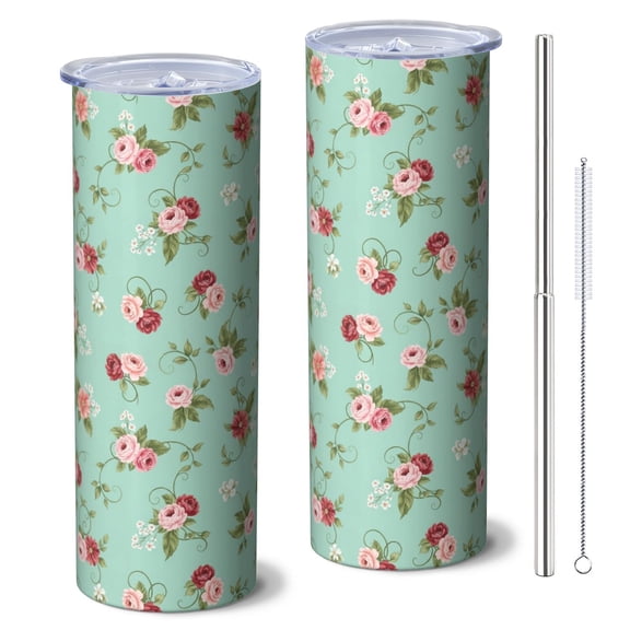 Pioneer Flower Floral Print Pattern 20oz Skinny Tumbler with Straw & Lid, Double Wall Vacuum Insulated Cup, Leak-Proof, Cup Holder Friendly, Hot 6H Cold 12H