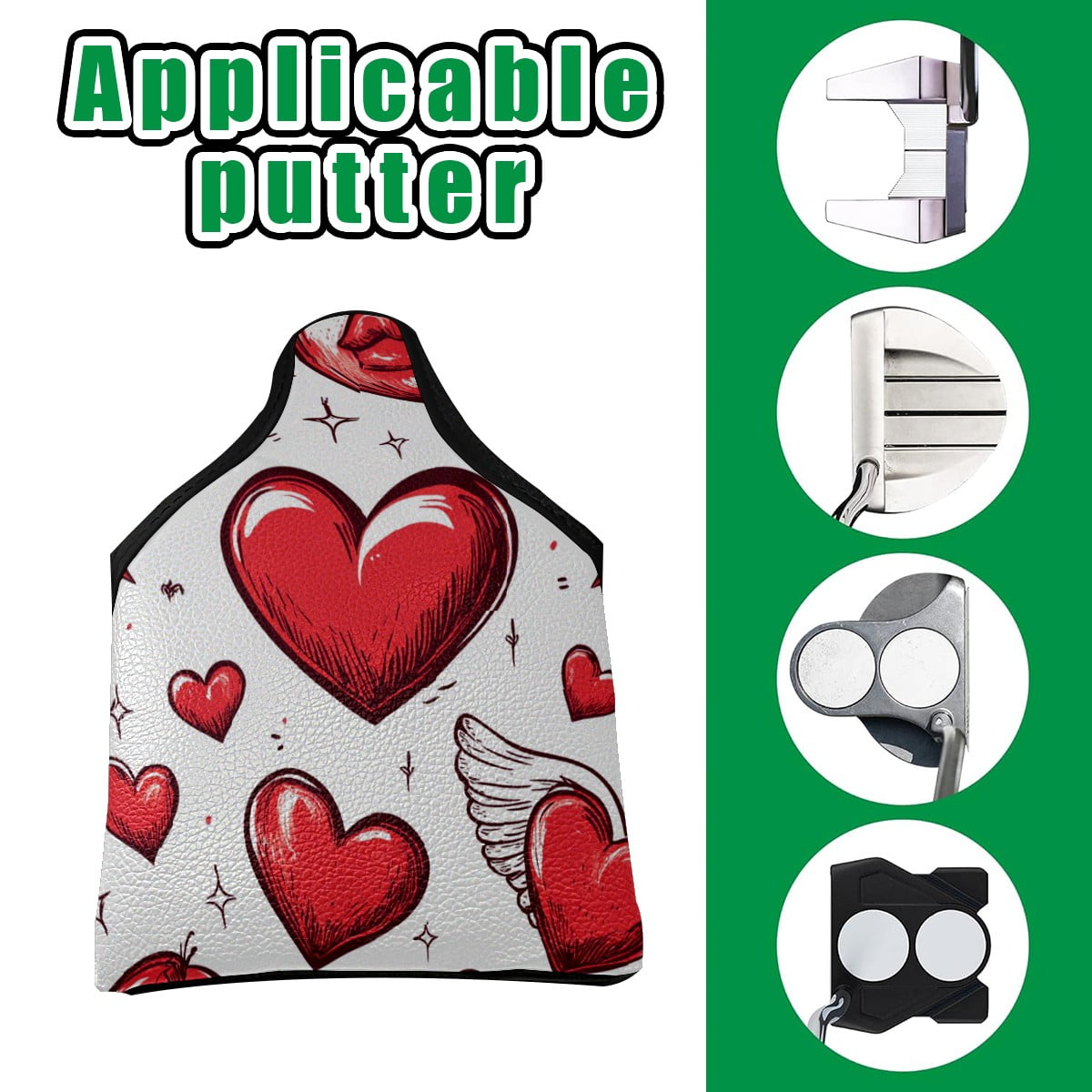 Golf Mallet Putter Cover Premium Leather Waterproof Golf Putter Head Cover with Magnetic Closure Hand-painted Love Heart