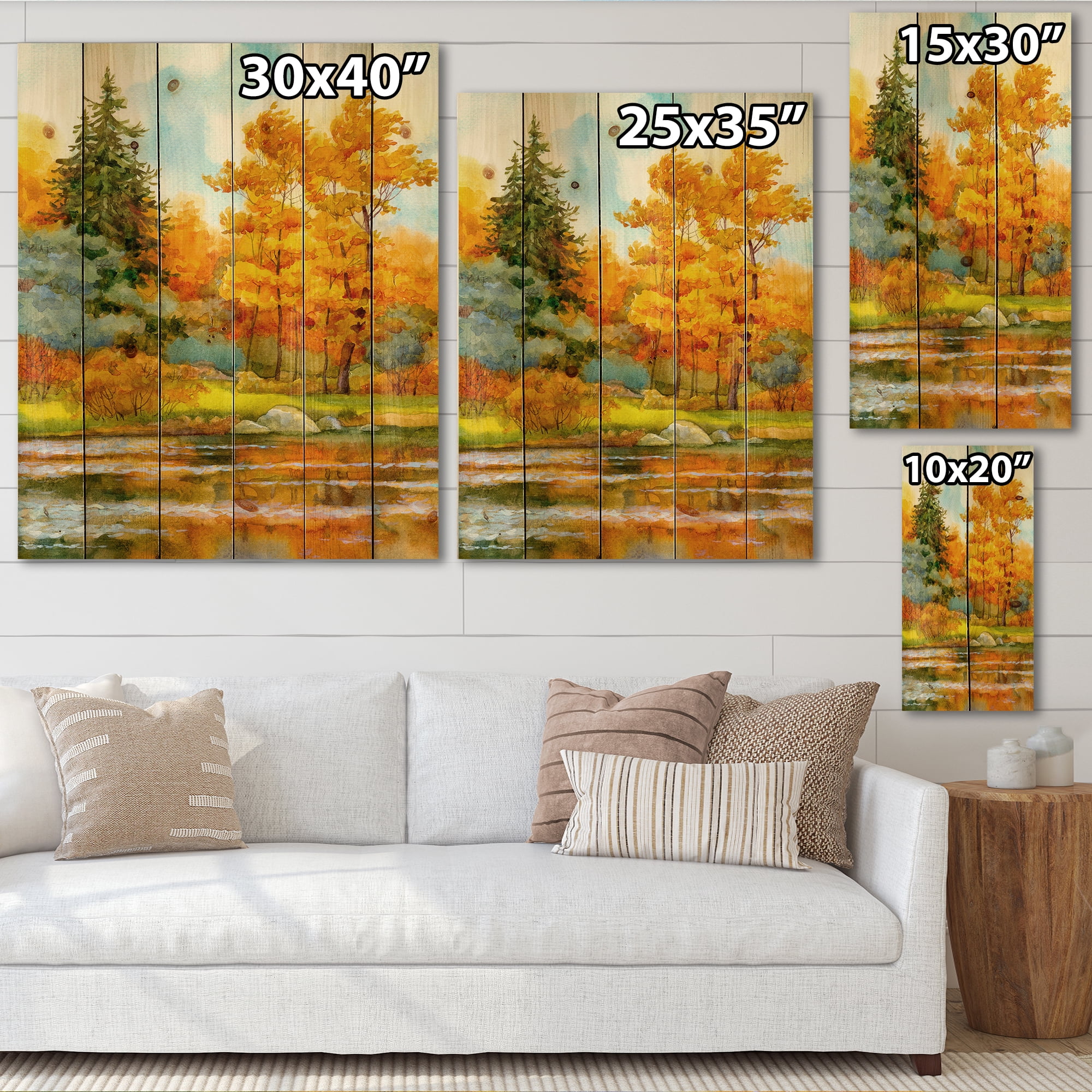 Designart 'Autumn Forest By The Lake Side I' Lake House Print on Natural Pine Wood