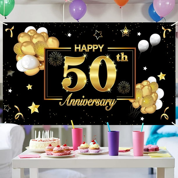 Décorations de toile de fond de bannière du 50e anniversaire de mariage,  décoration de signe de fête du 50e anniversaire en or noir, grandes  fournitures de fond d'affiche du 50e anniversaire 