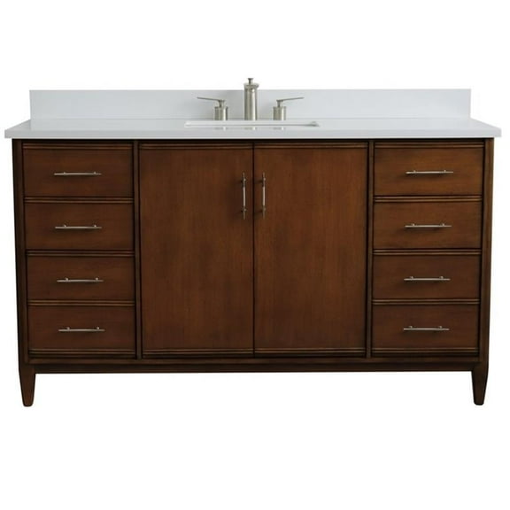 MCM 61" Single Rectangle Sink Vanity with White Quartz Stone in Walnut