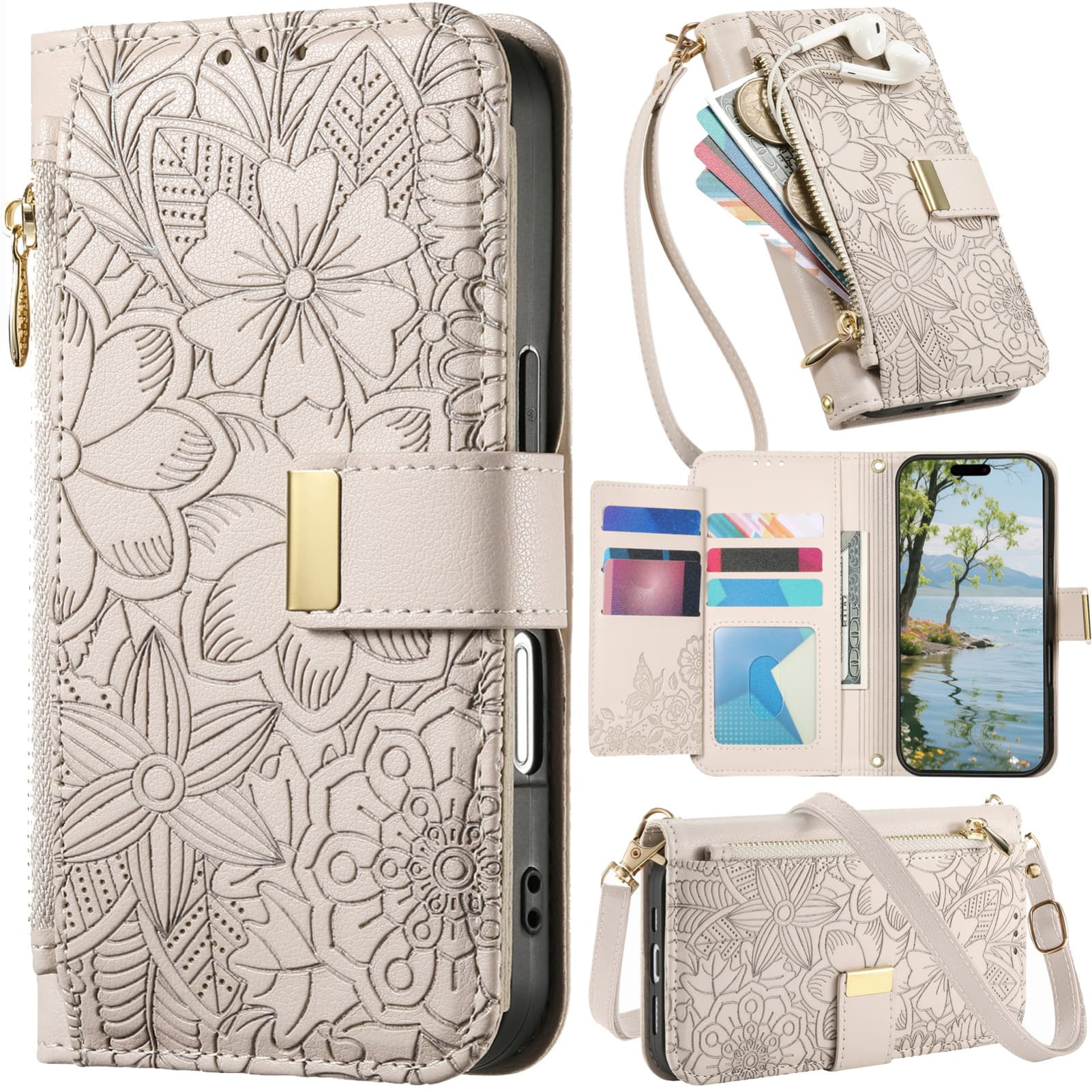 for iPhone 17 Leather Phone Case Zipper Wallet Handbag, Embossed Floral Folio Flip Cover Kickstand, 2 Layer Card Slot Cash Holder, Magnetic Buckle, Shoulder Wrist Strap