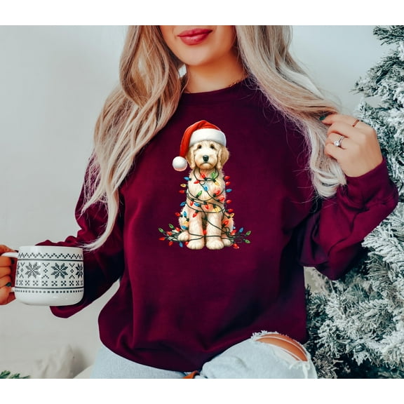Christmas Puppy Sweater Shirt | Cute Dog with Santa Hat and Lights Graphic Sweatshirt