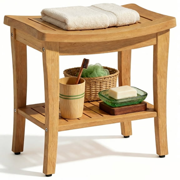 Teak Shower Bench 20 Inch, Solid Teak Wood Shower Chair with Storage Shelf, Waterproof Bathroom Stool 500 LBS Capacity for Inside Shower, Indoor & Outdoor