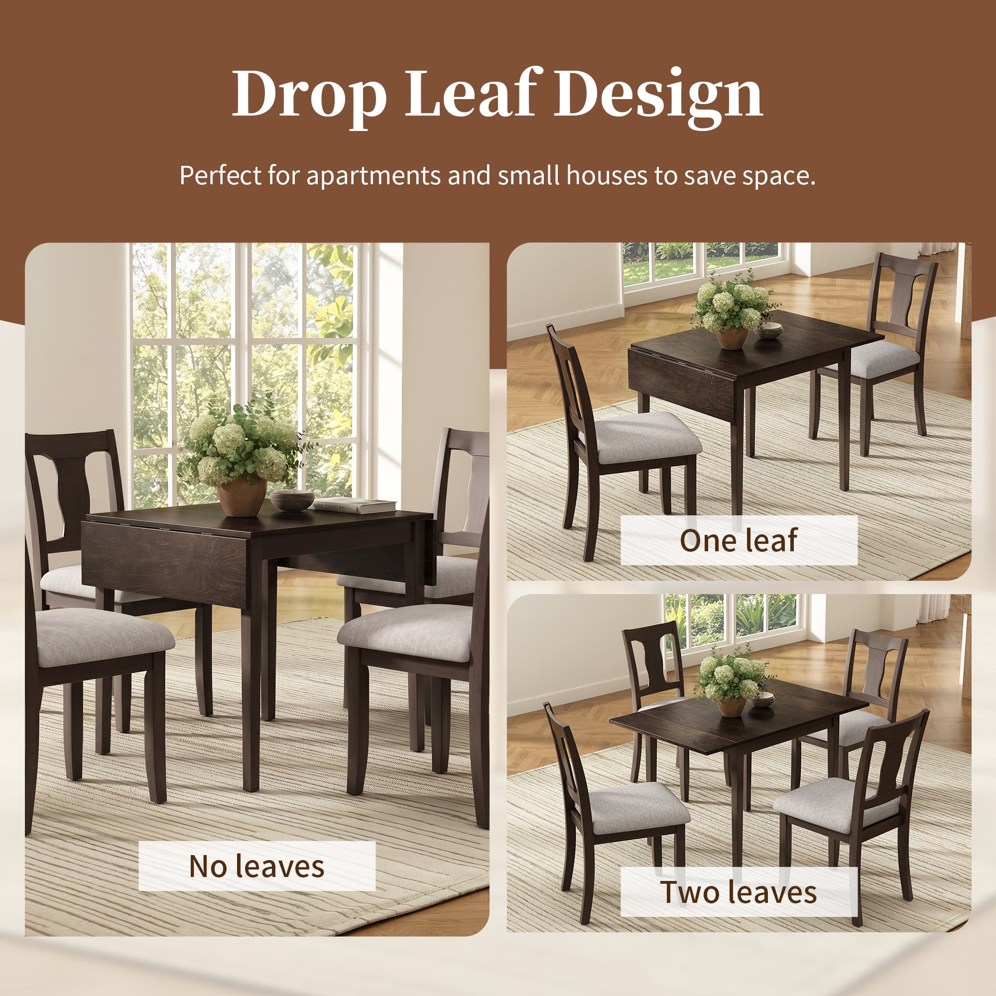 Euroco 5-Piece Dining Table Set for 4, 45.67" Extendable Kitchen Table Set with Drop Leaf and 4 Upholstered Chairs,Dining Room Set for Small Space,Espresso