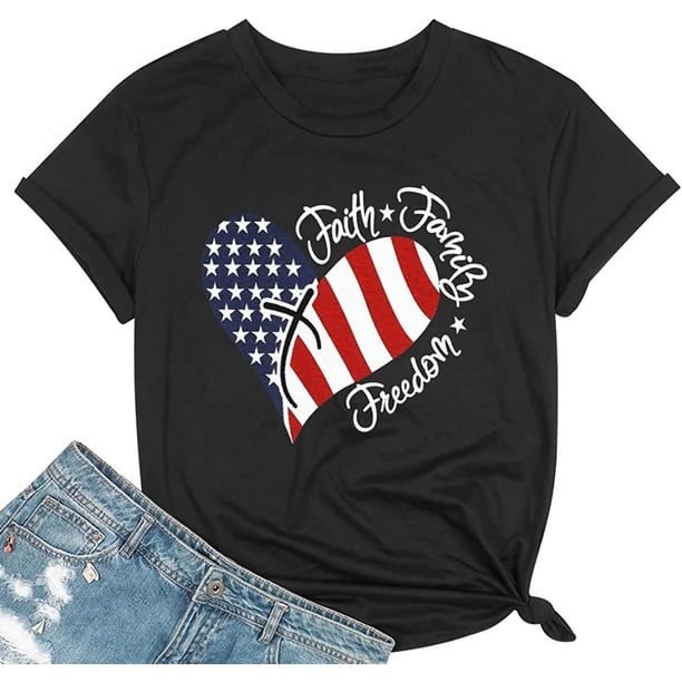 Playera de Mujer con Diseño Patriótico USA: Corazón, Bandera, Fe, Familia y Libertad