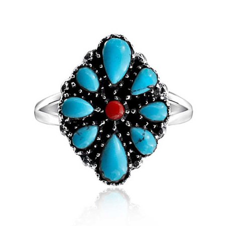 - Large Marquise Shaped Compressed Simulated Coral and Turquoise Statement Southwest Style Ring 925 Sterling Silver