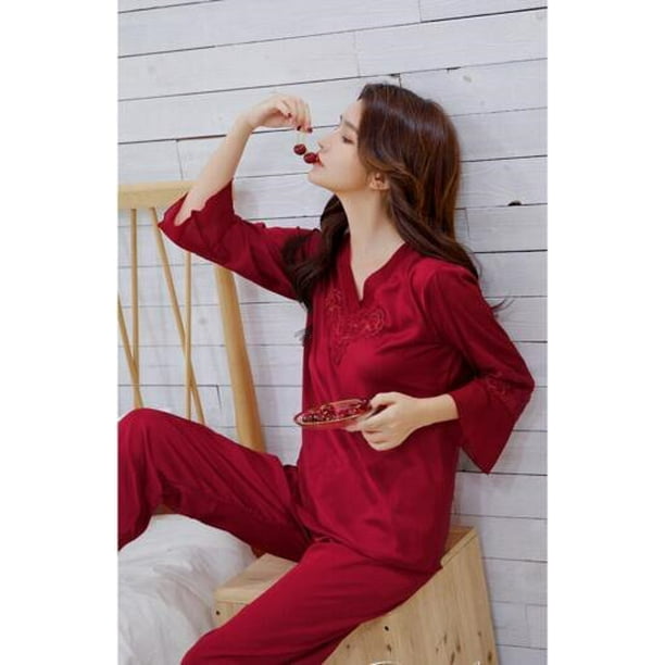 VOIANLIMO Women's Pajama Sets Ice Silk Thin Sleepwear New Lotus Leaf Side  Middle-aged Homewear 2 Pcs Leisure Suit Set