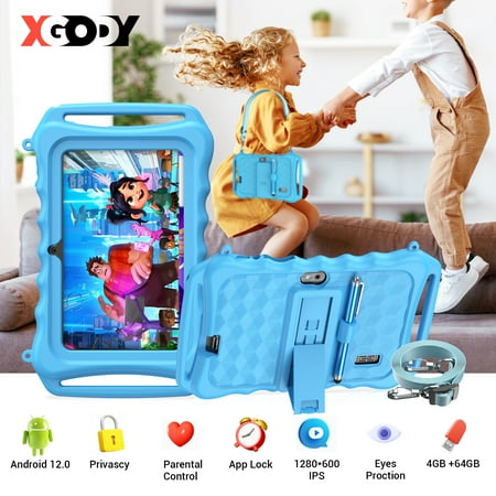 XGODY 7 Inch Kids Tablet ,4G+64G Learning Tablets for Kids Ages 2-12 ,Android 12 Tablet With Case, 3100mAh Battery, Parental Control