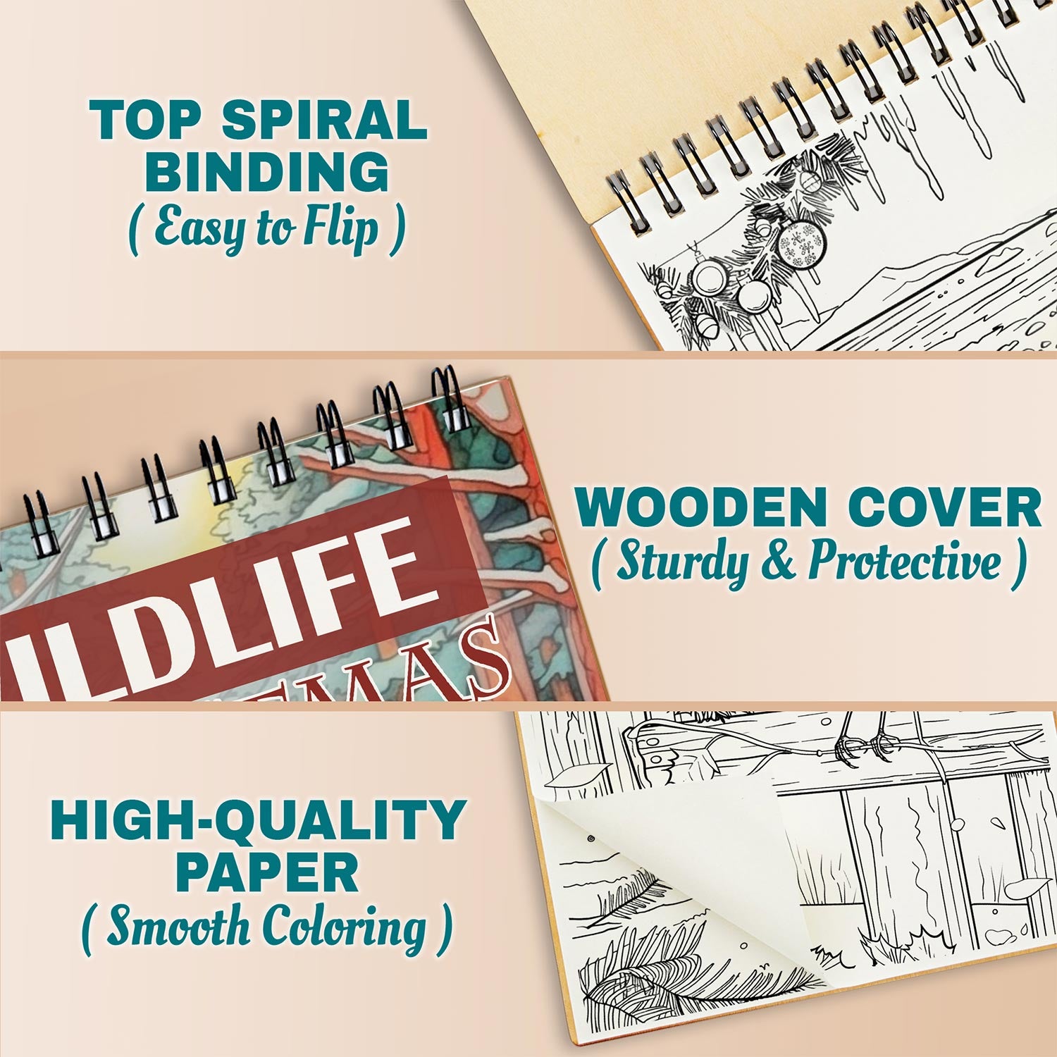 Netecom Christmas Wild Life Coloring Book Spiral Bound for Adults, A5 Wooden Cover, 30 Illustrations Coloring Pages of Wildlife in Winter Scenes for Stress Relief and Relaxation