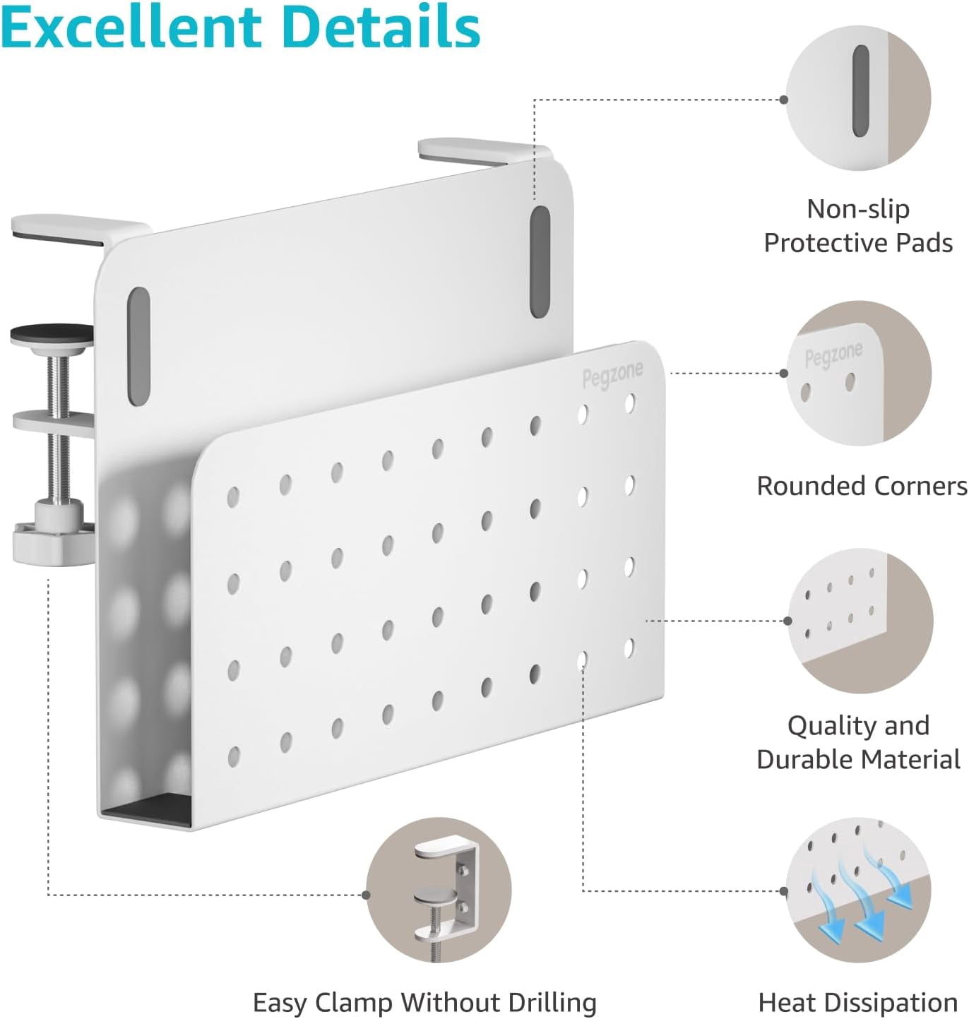 Desk Side Storage Organizer, Clamp-On Under Desk Laptop Holder with Pegboard Accessories, Hanging Shelf for Laptops/Tablets, Fits 0.4"–2.2" Desk Edge, White