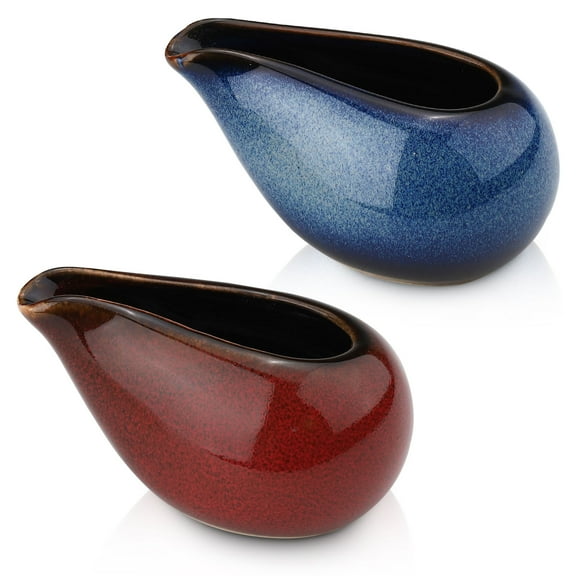 2 Pack Fine Porcelain Gravy Boat, 3.5Oz/100 ml Small Ceramic Creamer Container with Spout, Coffee Sauce Milk Pitcher Set for Breakfast Restaurant Home Salad Dressing(Blue & Dark Red)