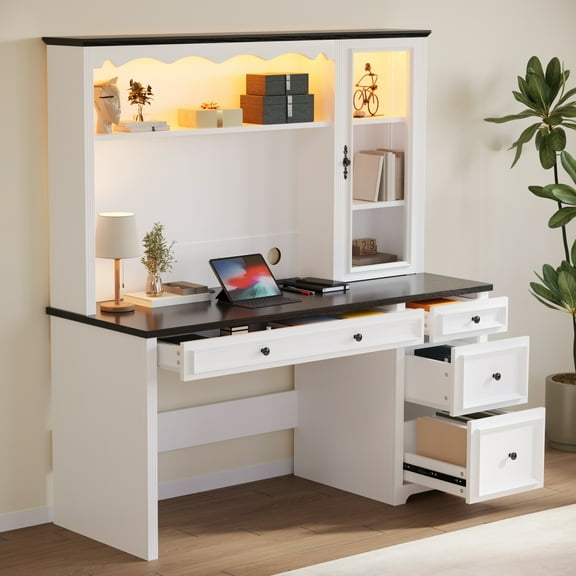 Uforic Farmhouse 51" Computer Desk with Hutch, Executive Desk with LED Lights &Storage Cabinet, White