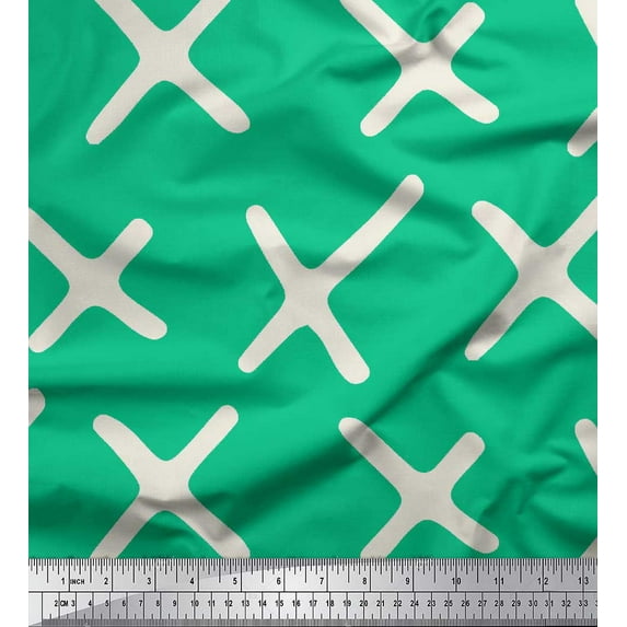 Soimoi Green Velvet Fabric Cross Symbol Printed Fabric 1 Yard 58 Inch Wide
