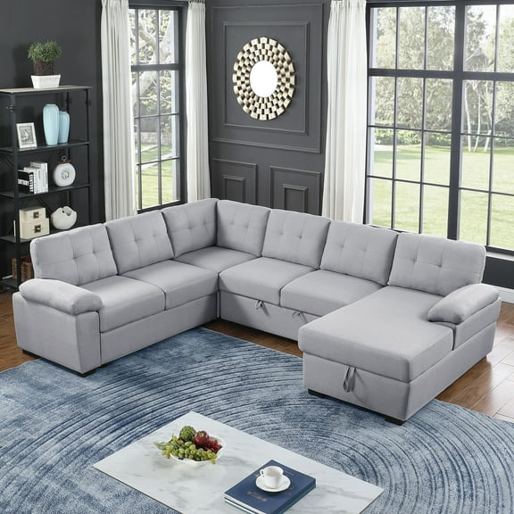Dream C Aine 118" Wide Feature Sectional Sofa Storage Under Chaise & Convertible Sofa Bed-Color:Light Gray,Material:Fabric