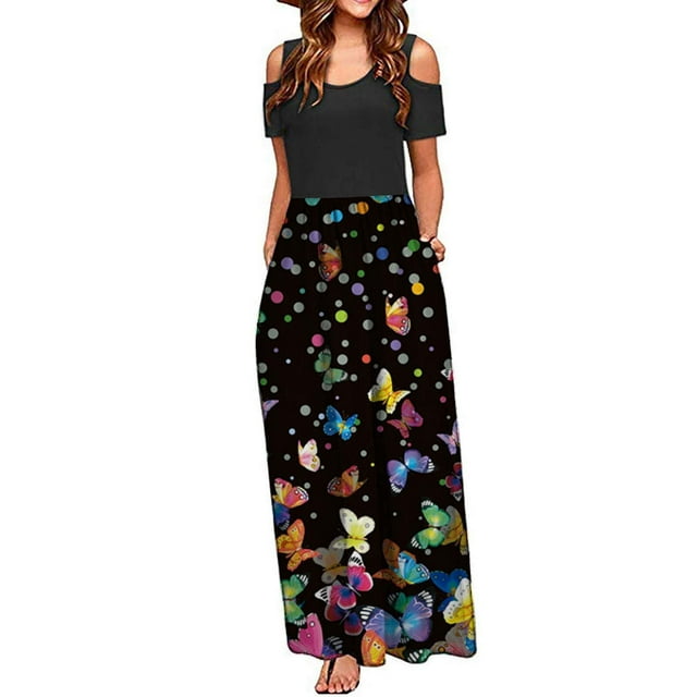 SMihono Robe Maxi Bohème d'Été pour Femmes Grande Taille Robe Longue Décontractée pour Femmes avec Imprimé Floral Rayé Manches Courtes Robe Maxi Robe de Plage