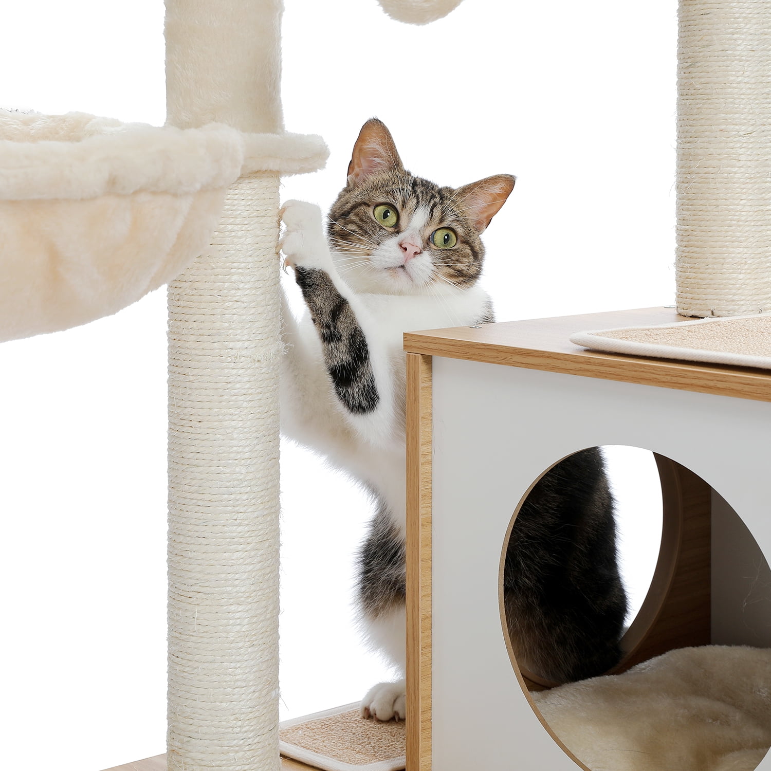 Pefilos 51" Wooden Cat Trees Towers for Large Cats with Cat Scratching Post and Removable Soft Perches Modern Cat Condo for Indoor, Beige Pefilos 51" Wooden Cat Trees Towers for Large Cats with Cat Scratching Post and Removable Soft Perches Modern Cat Condo for Indoor, Beige