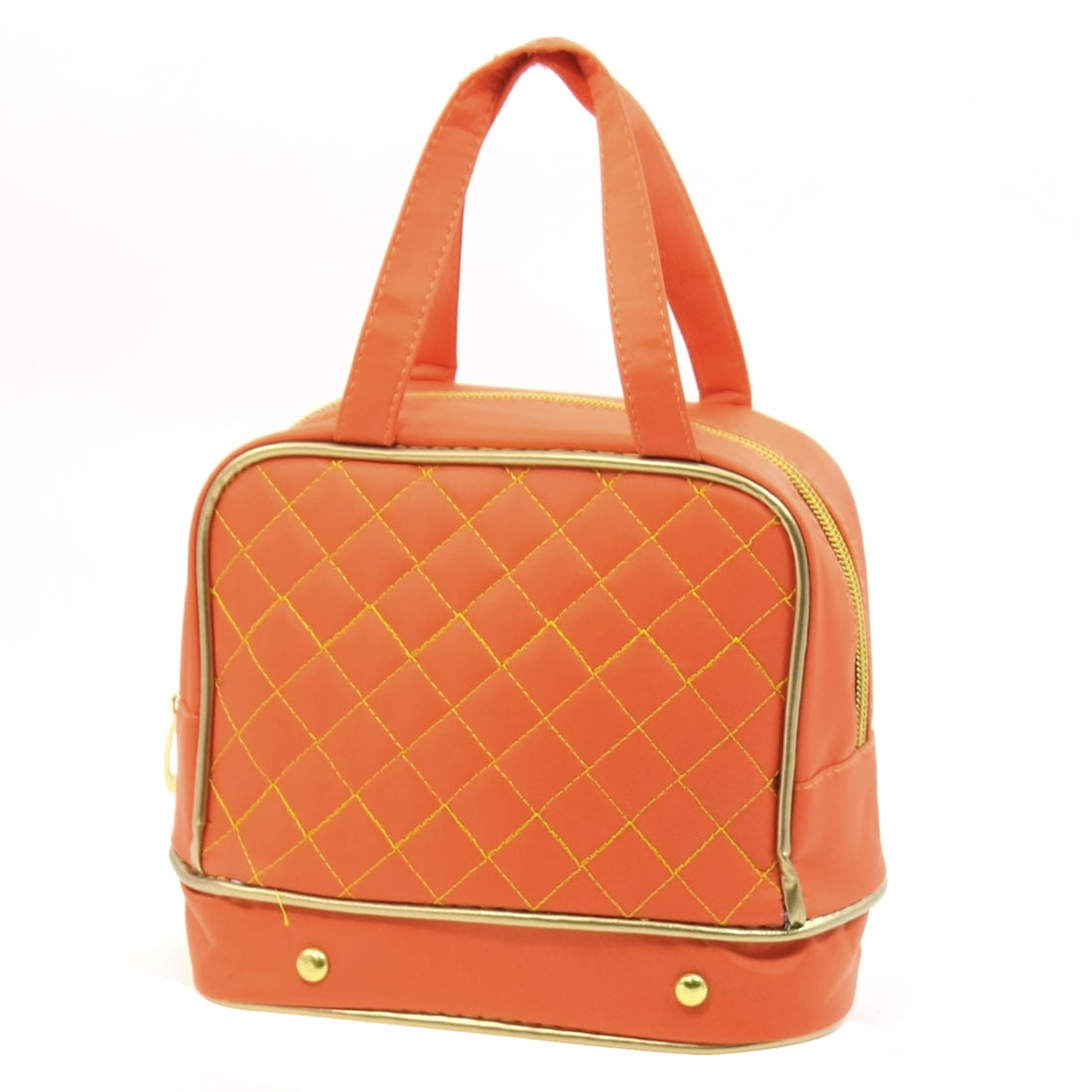 Ladies Nylon Rhombus Print Zipper Cosmetic Makeup Holder Bag w Mirror