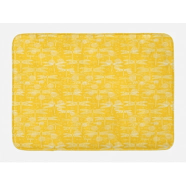 Yellow and White Bath Mat, Outline Style Dragonflies with Dotted Backdrop Ornate Wing Design, Plush Bathroom Decor Mat with Non Slip Backing, 29.5" X 17.5", Yellow and White, by Ambesonne