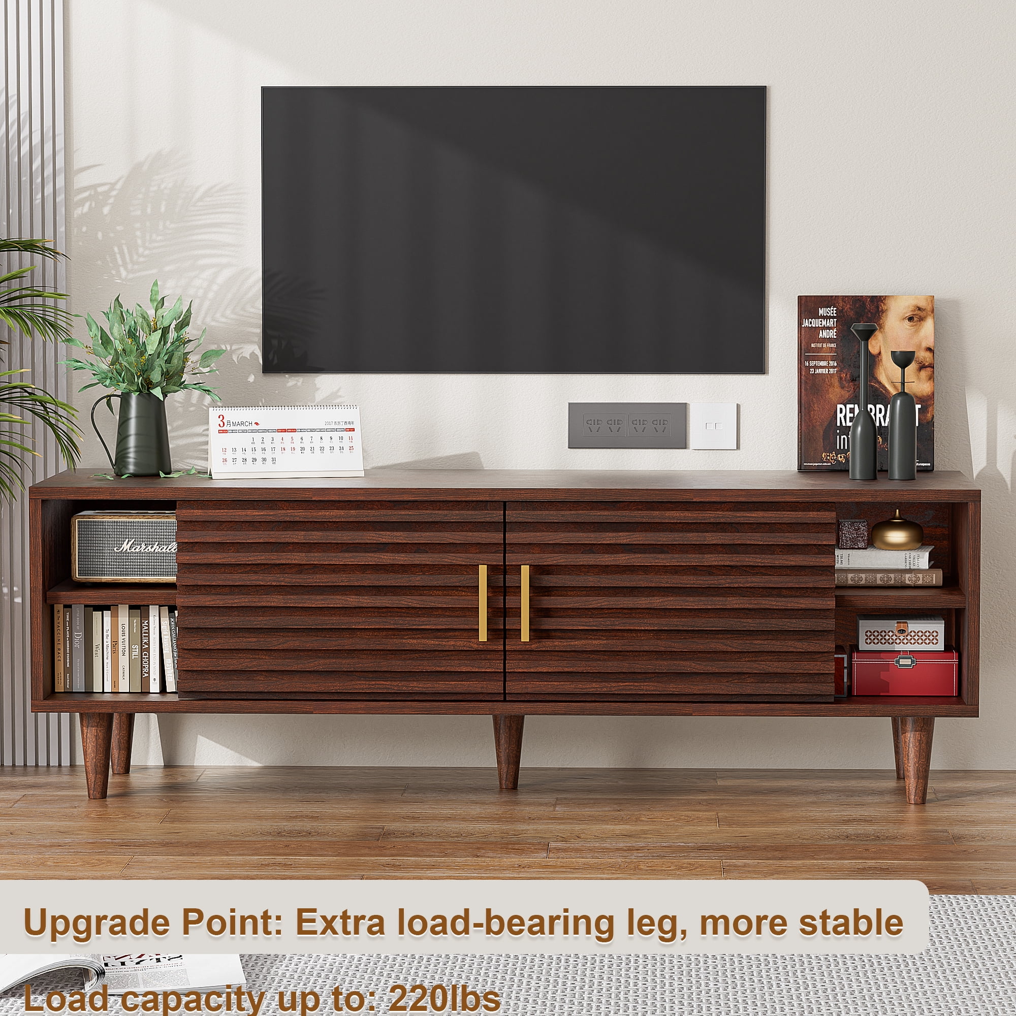 Alohappy Mid-Century Modern TV Stand for TVs up to 60 inch, Sliding Door Wood TV Console with Storage Cabinet, Home Media Entertainment Center for Living Room (Vintage Brown)