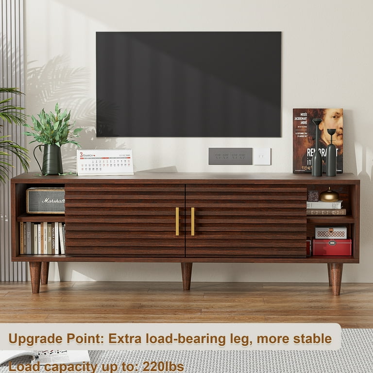 Alohappy Mid Century Modern TV Stand for TVs up to 60 inch Sliding Door Wood TV Console with Storage Cabinet Home Media Entertainment Center for