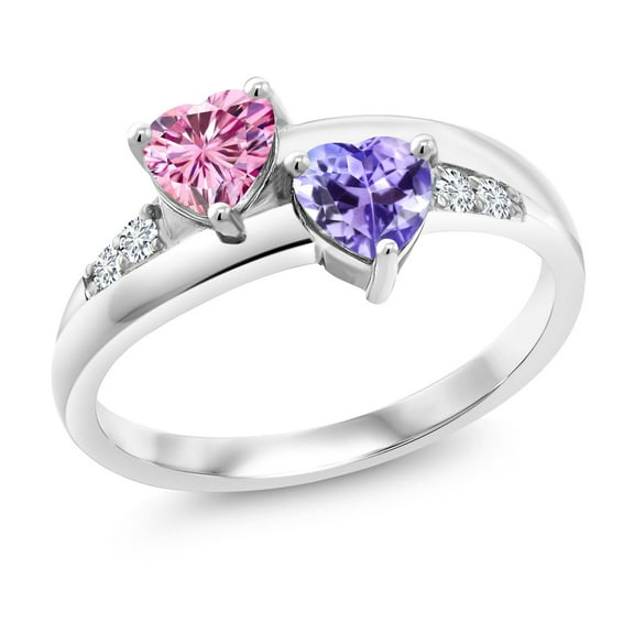 Gem Stone King 925 Sterling Silver Lab Grown Diamond Ring Heart Shape Pink Moissanite and Tanzanite (1.08 Cttw, Size 5)