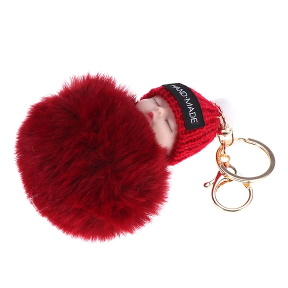 EeaseCA Sleeping Baby Doll Keychain Pom Pom Fluffy Keyring Hanging Pendant Gift (Wine Red)