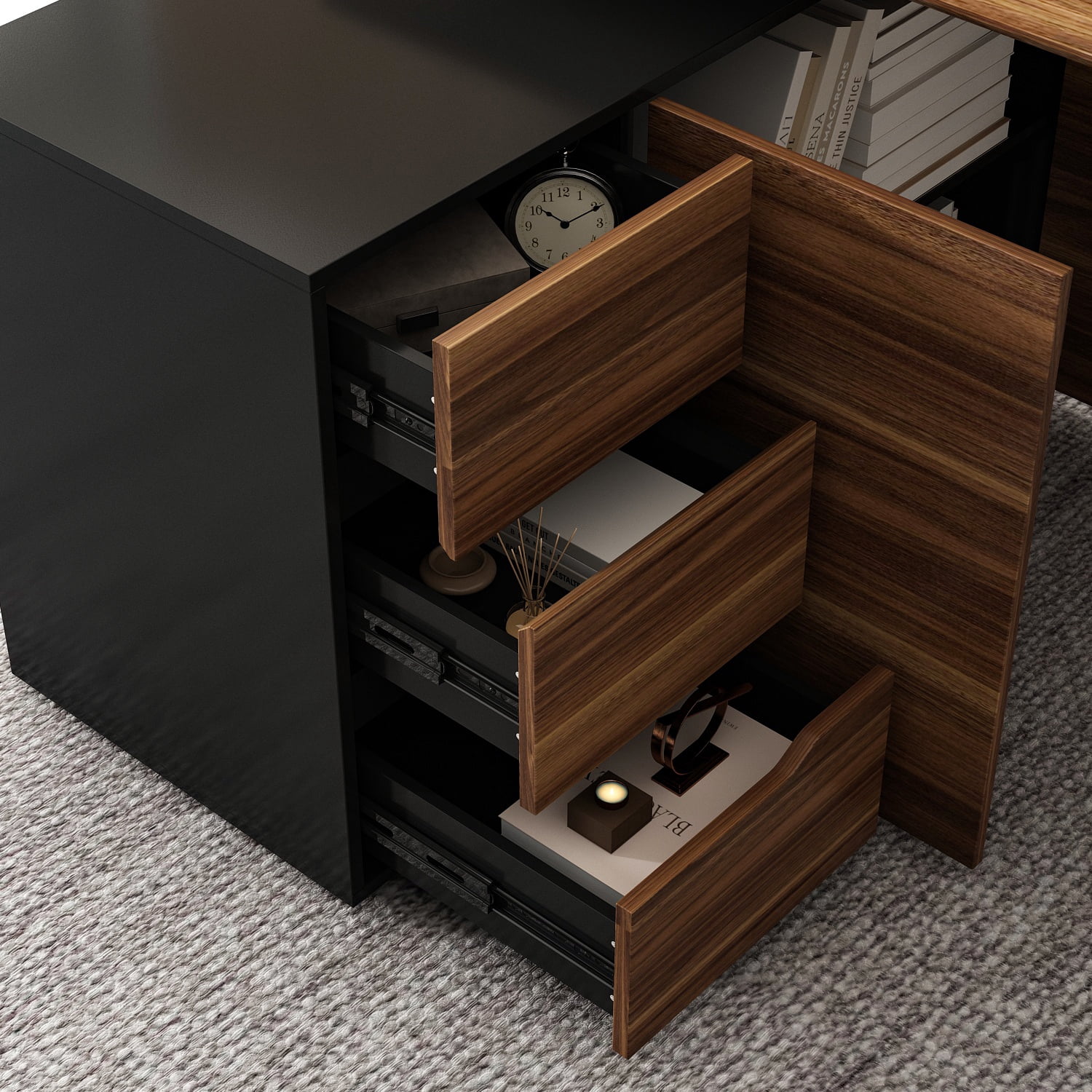 KULAGAGA L Shaped Computer Study Desk with Cabinet and 3 Drawers, Corner Writing Workstation Table with Metal Legs for Home Office, Walnut