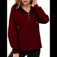 thumbnail image 3 of Sudadera con Capucha para Mujer, Cuello Abotonado, Cordón Ajustable, Sudadera Informal de Larga, Camisetas. Vino Tinto M, 3 of 10