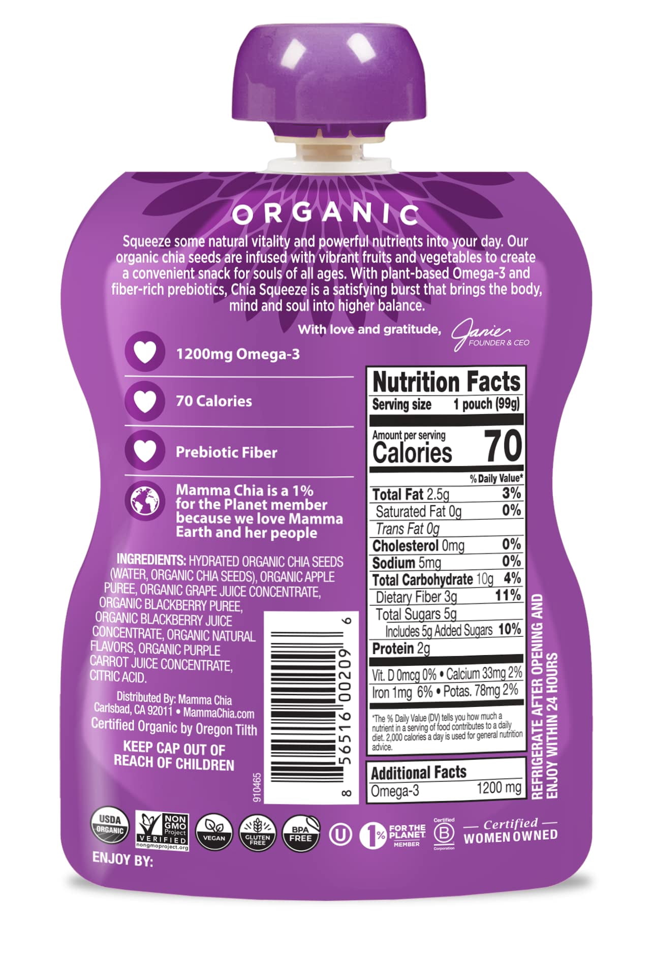 Mamma Chia Squeeze Vitality Snack - Blackberry Bliss - Case Of 16 - 3.5 Oz.