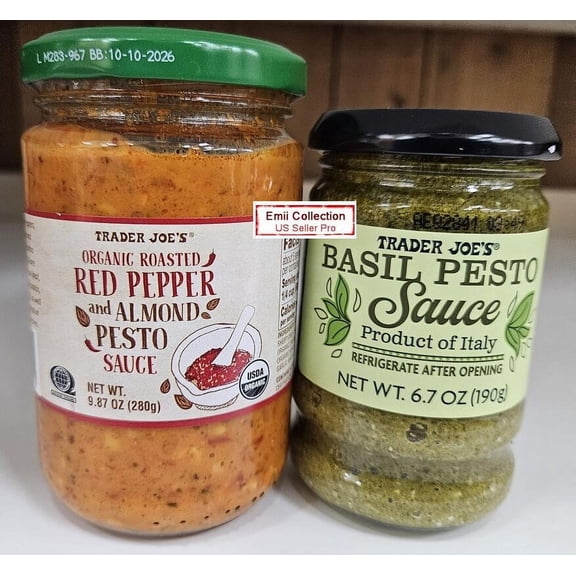 Trader Joe's Organic Red Pepper and Almond Pesto Sauce & Basil Pesto Sauce (2 Bottles)