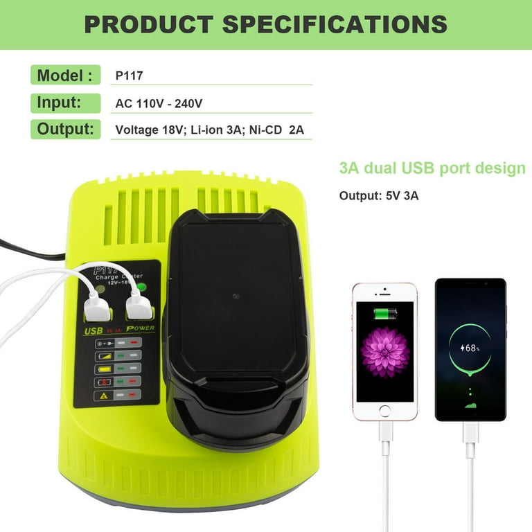 Dual Battery Charger For RYOBI One+Plus High Capacity 18 Volt Lithium-Ion  P108