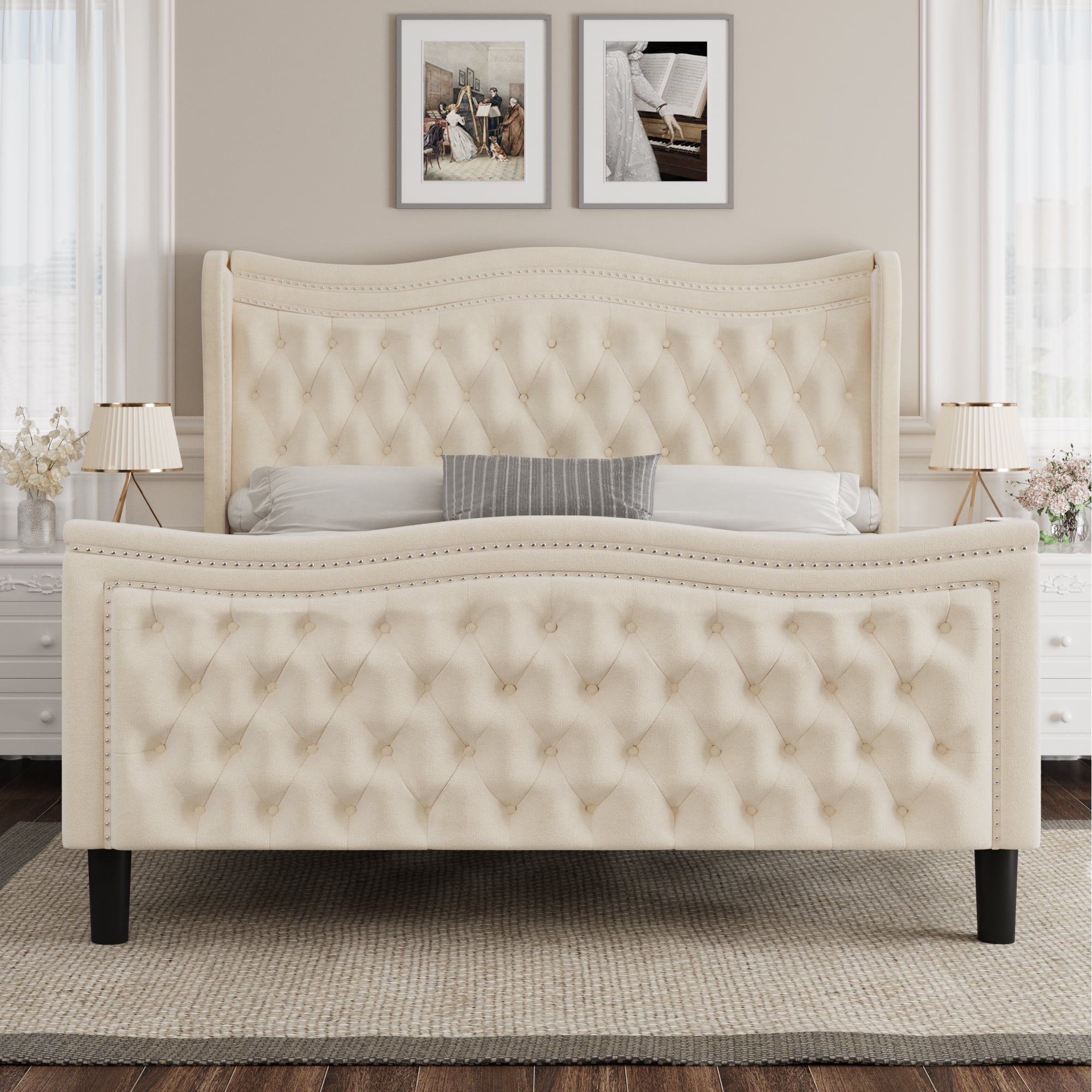 Miniyam Velvet Full Size Bed with Button-Tufted Wingback Headboard for Adult, Beige