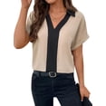 thumbnail image 3 of Nlife Women Contrast Color V Neck Rolled Short Sleeve Shirt, 3 of 7