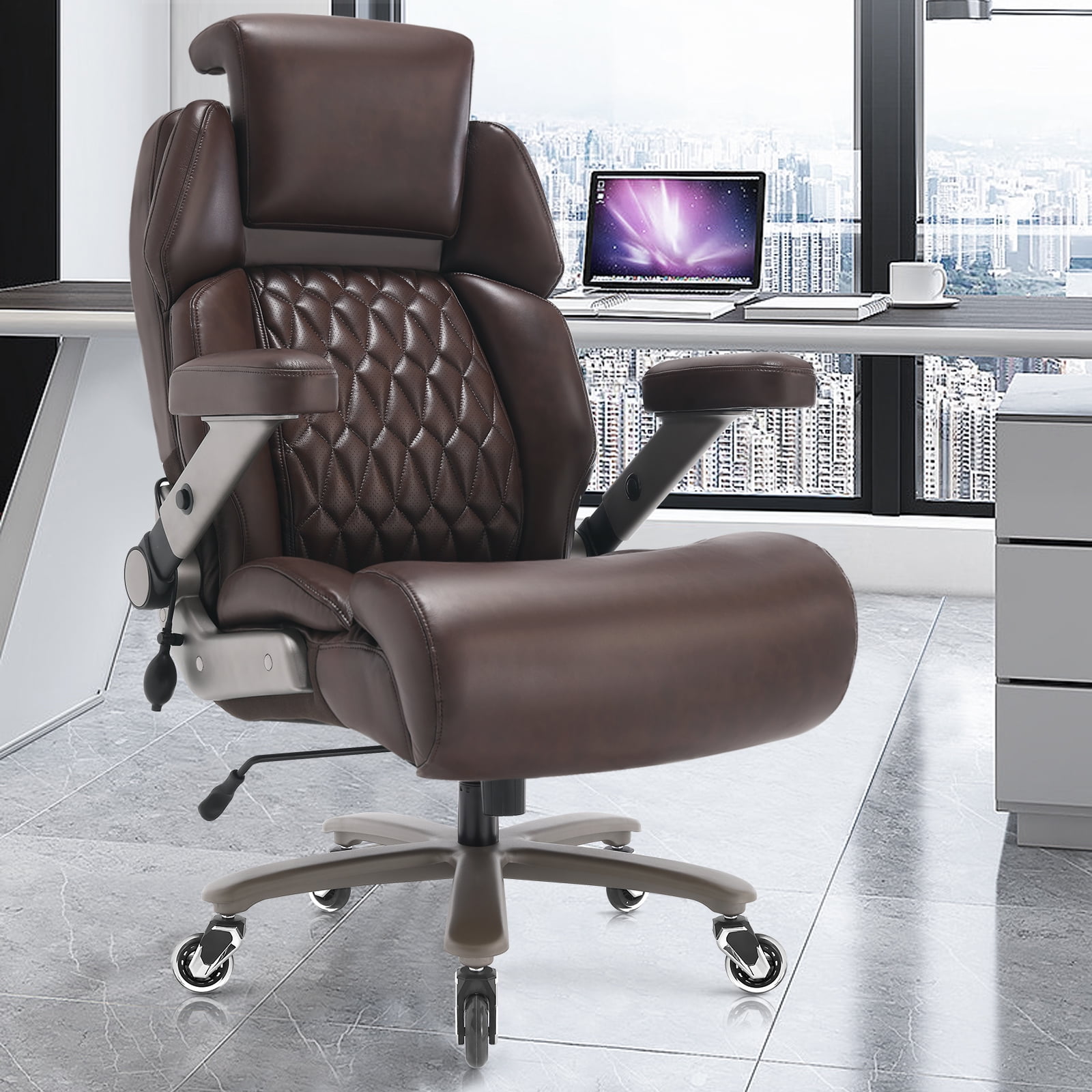 WOSDOM 700lbs Big and Tall Office Chair, Heavy Duty Executive Chair, Extra Wide Seat, Adjustable Headrest and Lumbar Support, 3D Flip up Arms, Brown