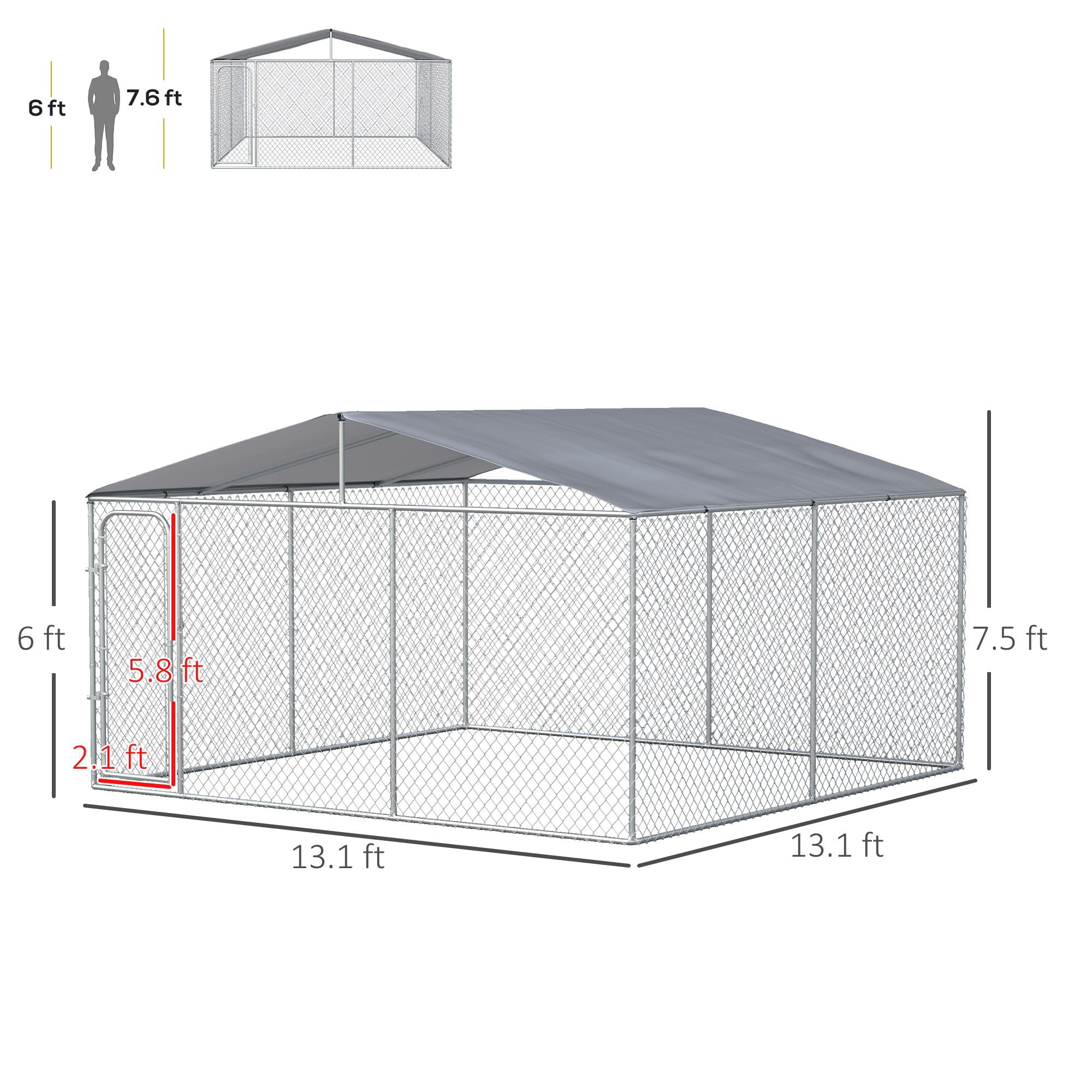 Dranite 13x13x7.5 FT Outdoor Dog Kennel, Galvanized Steel Fence with Waterproof Cover
