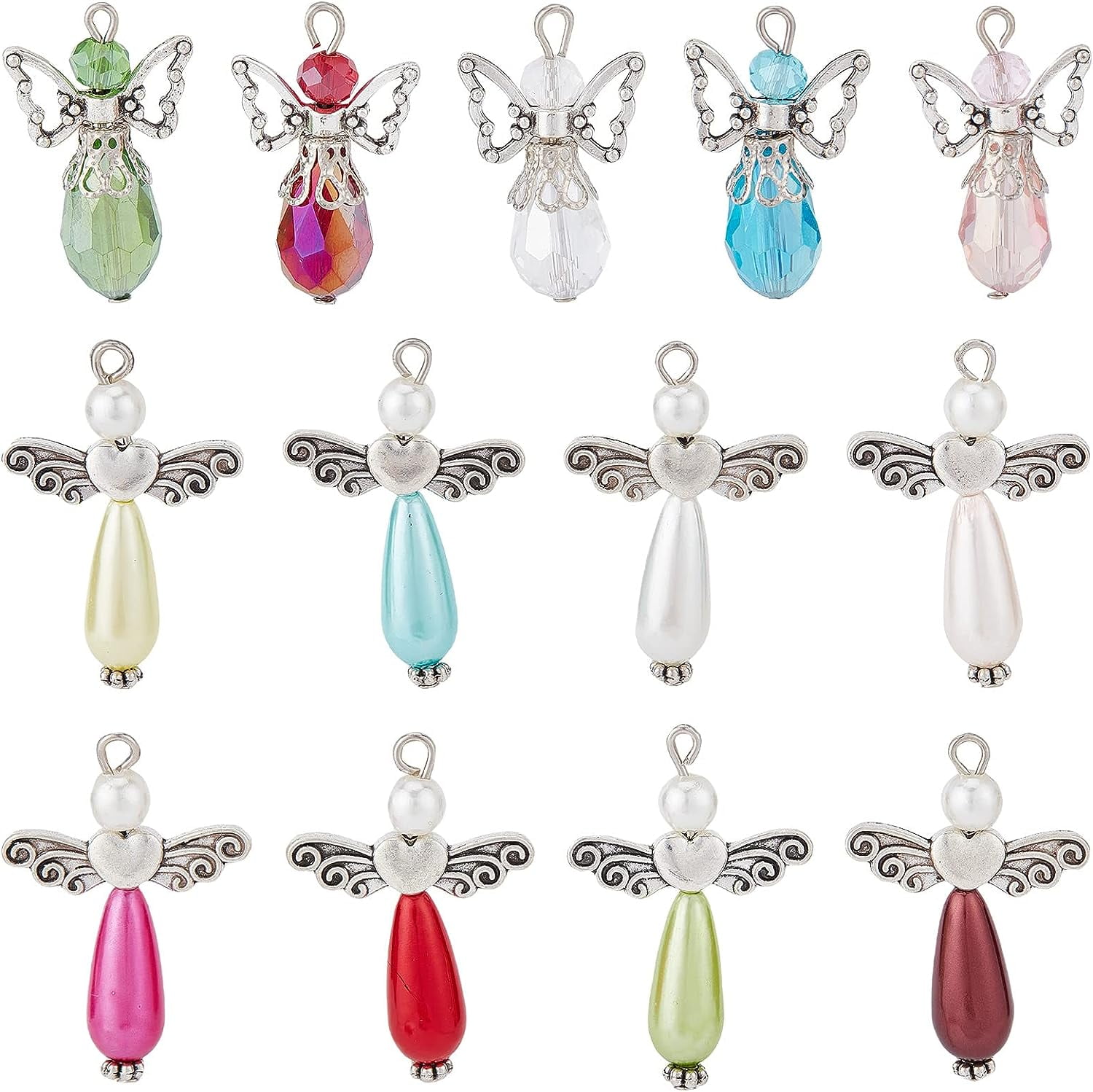 1 Box 60Pcs Angel Charms Angel Beads Beading Guardian Charm Beaded Wings Faceted Glass for Jewelry Making Party Favor Gift DIY Necklace Earring Keychain Craft Mixed Color Mixed Color