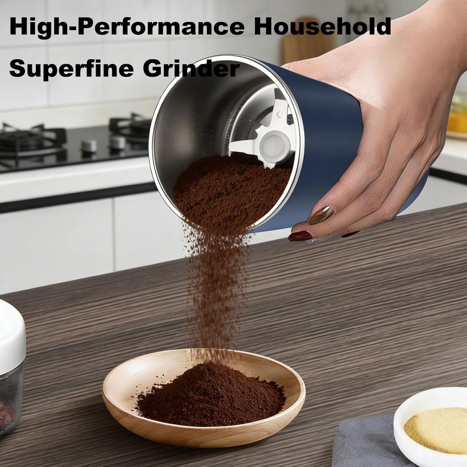 Household Superfine Grinder - Multi-grain Blending & Powdering Machine, Coffee Spice Grinder with 304 Stainless Steel Blades, One-Touch Portable Grinder for Bean Spices Herb and Tea (Blue)