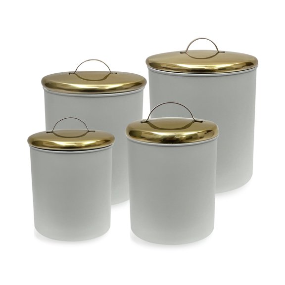 nu steel Set Of 4 Food storage Container Kitchen Hammered Canister with white finish with Gold color lid 1, 1.5, 2, & 4 Quart