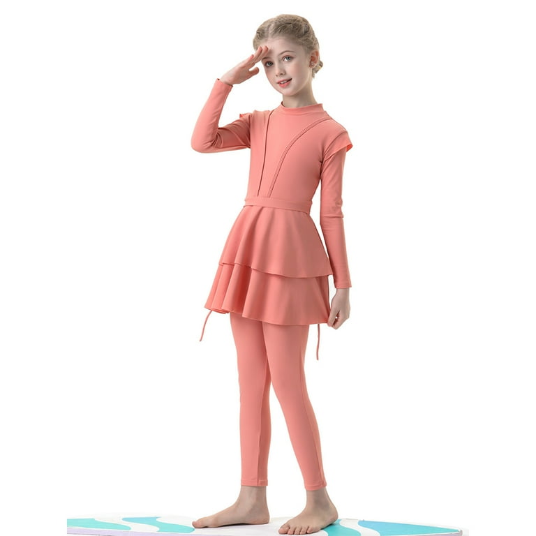 Agoky Tweedelig badpak voor meisjes, moslim, islamitische burkini, badmode, lange mouwen, badjurk lange broek om te zwemmen, uv-bescherming pak, Paars N, 110-116