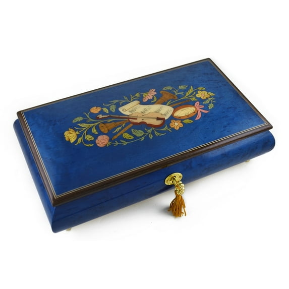 Beautiful 30 Note Royal Blue Instrumental and Floral Wood Inlay Music Box - Beautiful Dreamer