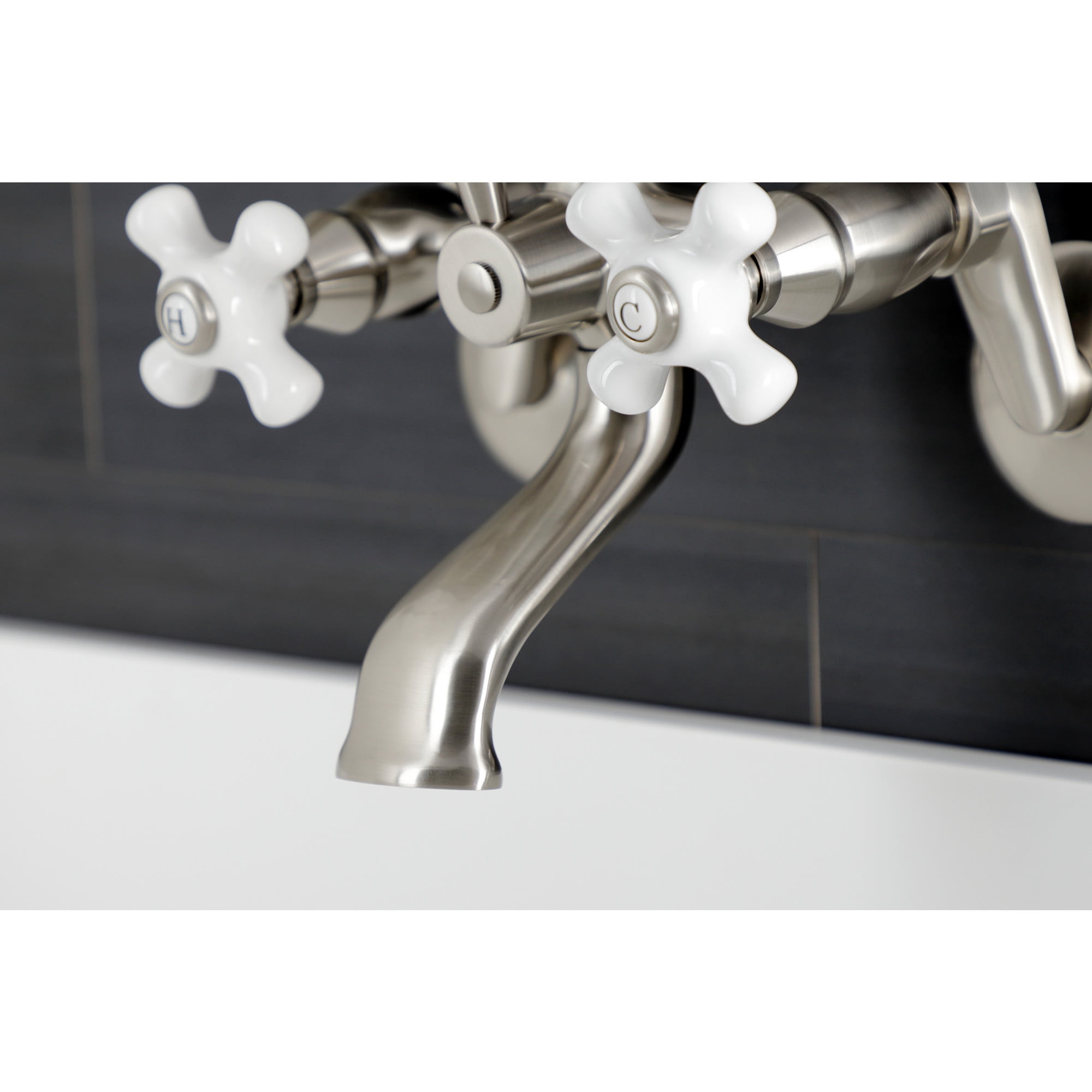 Kingston Brass KS266PXSN Kingston Three-Handle 2-Hole Wall Mount Clawfoot Tub Faucet with Hand Shower in Brushed Nickel