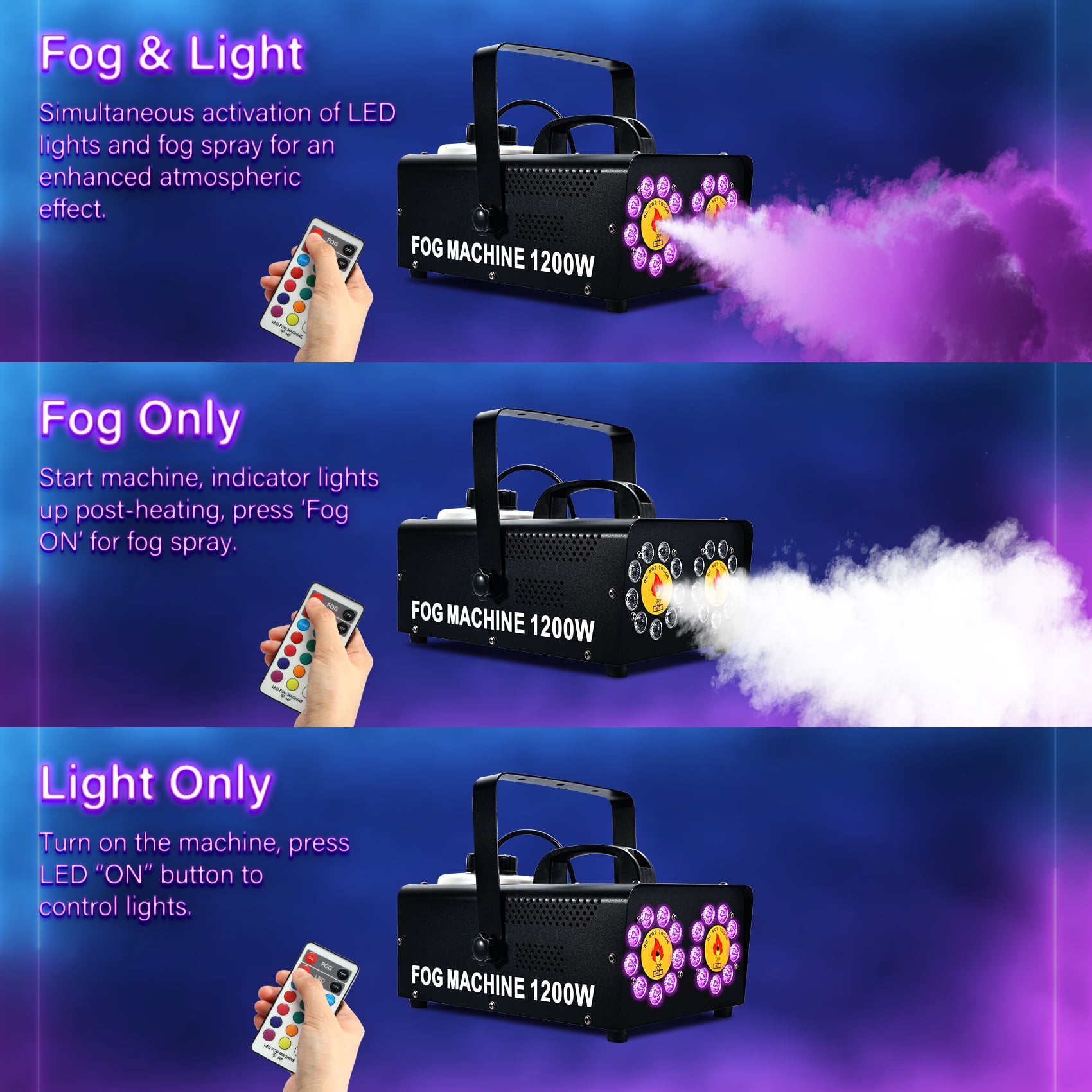 TCFUNDY 1200W Dual Nozzle Fog Machine, Horizontal Spray Fogger w/ 18 RGB 3-1in-1 LED, Dual Spray Smoke Machine w/Remote Control, ideal for Halloween, Event, Parties and Stage Effect, Black